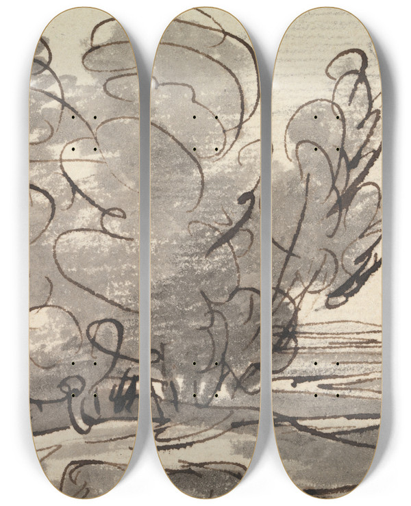 Triptych art skateboard deck of Joseph Farington Trees With A Distant Church On The Right by Joseph Farington (1747-1821)