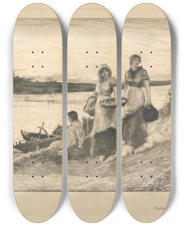 Triptych art skateboard deck of Robert Walker Macbeth The Ferry Inn by Robert Walker Macbeth (1848-1910)