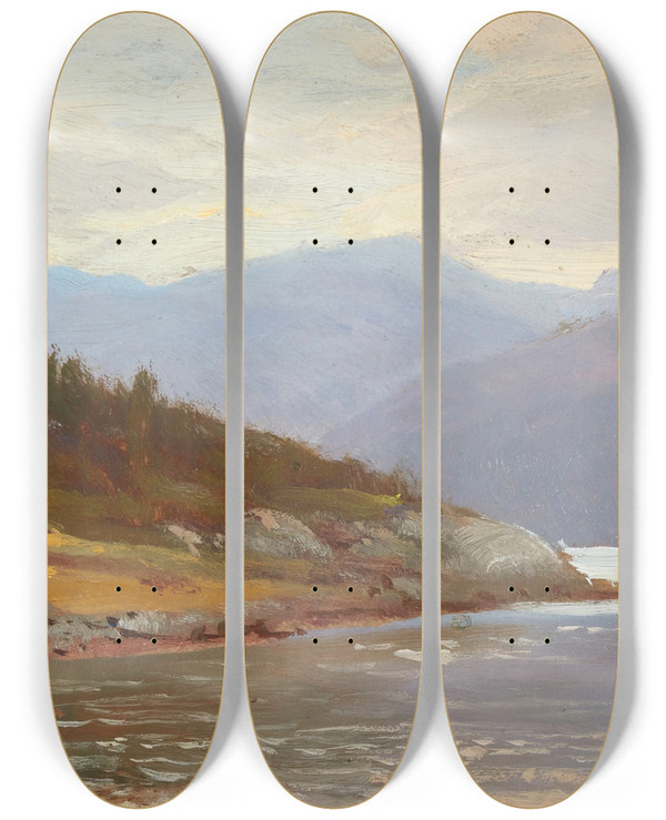 Triptych art skateboard deck of William Trost Richards Looking Westward Norway Lake Scene by William Trost Richards (1833-1905)