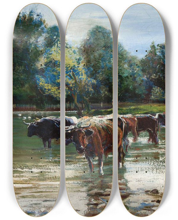 Triptych art skateboard deck of Stanisaw Masowski Cows Wading In The River by Stanislaw Maslowski (1853-1926)