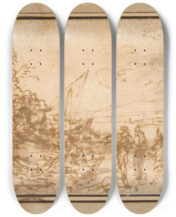 Triptych art skateboard deck of Salvator Rosa Marine Landscape With Figures by Salvator Rosa (1615-1673)