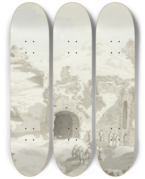 Triptych art skateboard deck of Abrahamlouisrodolphe Ducros Gezicht Op Een Gedeelte Van Het Toneel En De Muur Daarachter Van Het Theater Van Taormine by Abraham-Louis-Rodolphe Ducros (1748-1810)