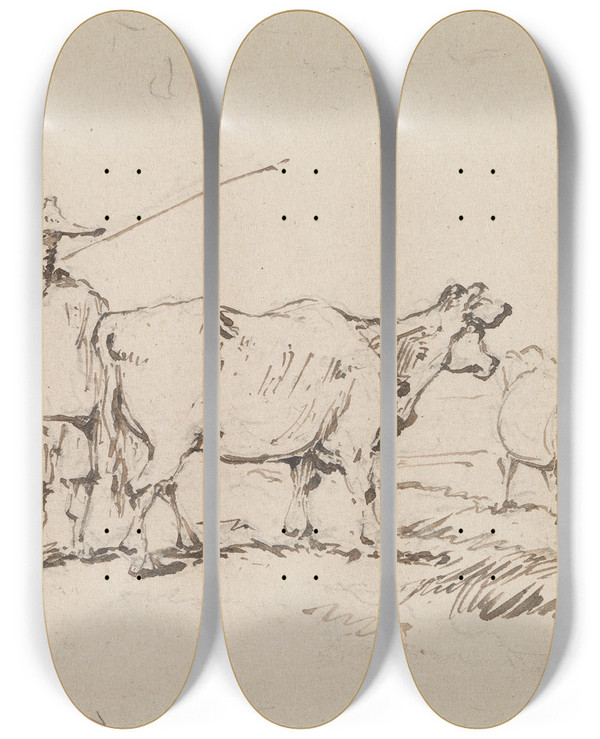 Triptych art skateboard deck of George Chinnery A Peasant With Cattle by George Chinnery (1774-1852)