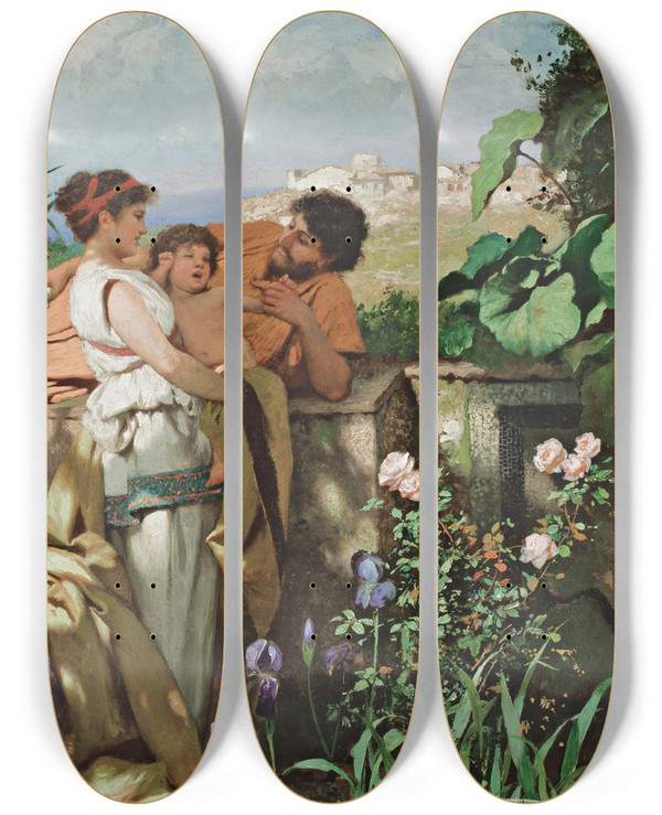 Triptych art skateboard deck of Henryk Siemiradzki By The Fountain by Henryk Siemiradzki (1843-1902)