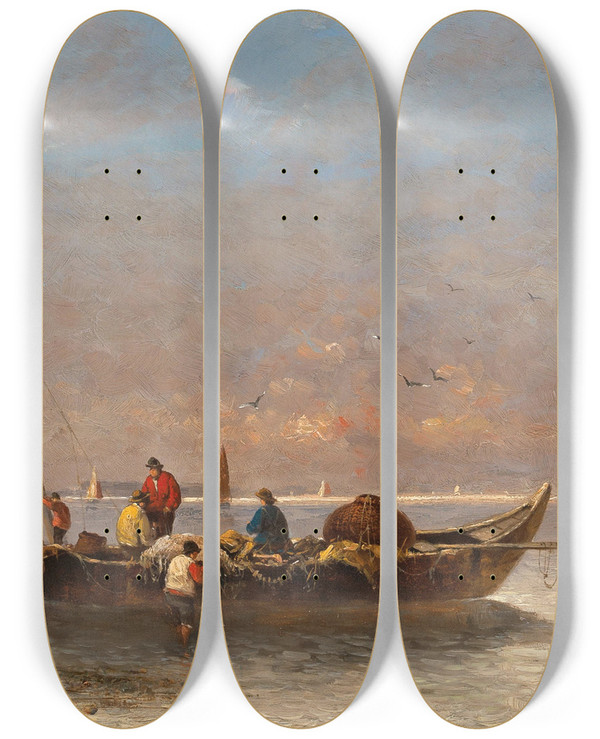Triptych art skateboard deck of Adolf Kaufmann Fishermen In Venice by Adolf Kaufmann (1848-1916)