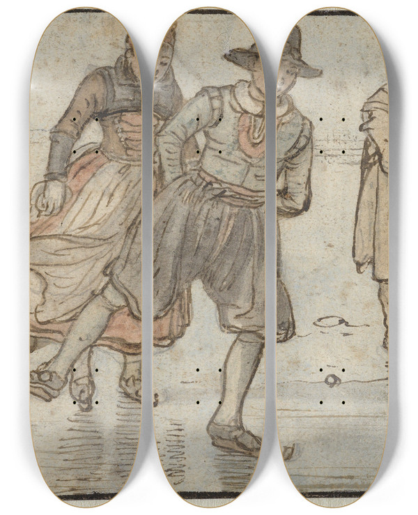 Triptych art skateboard deck of Hendrick Avercamp Skaters On The Ice A Man Pushing A Sledge And A Kolfplayer by Hendrick Avercamp (1585-1634)