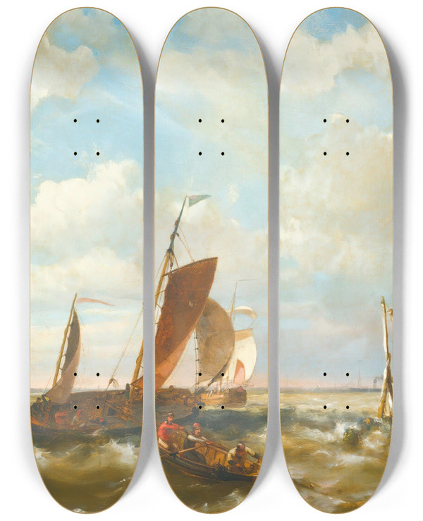 Triptych art skateboard deck of Hermanus Koekkoek The Younger Shipping In An Estuary With Windmills In The Background by Hermanus Koekkoek The Younger (1836-1909)