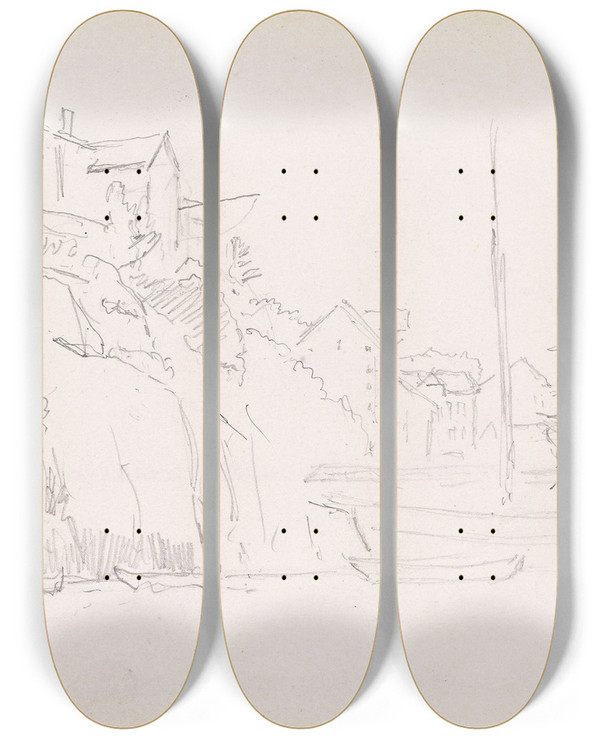 Triptych art skateboard deck of Hans Gude Fra Srsundet Kristiansund by Hans Gude (1825-1903)