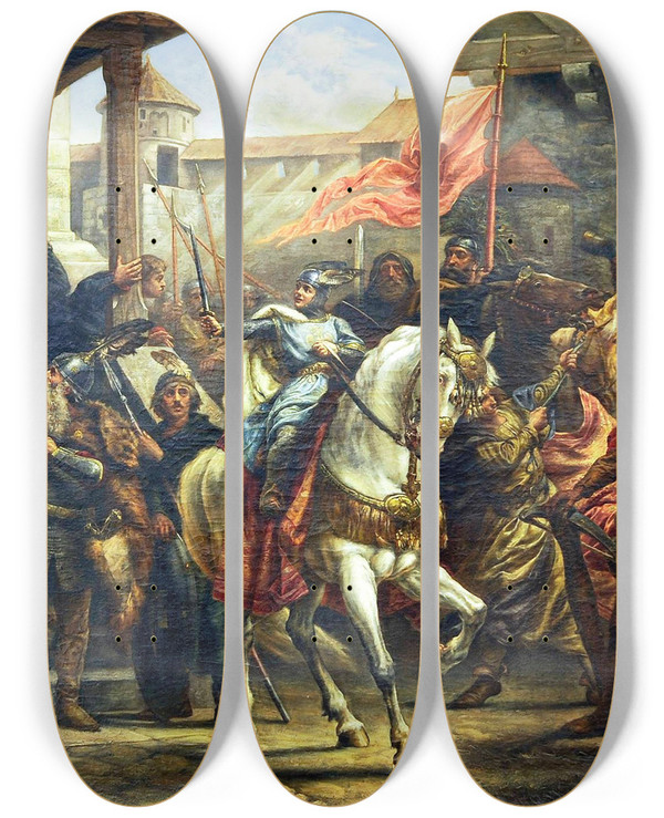 Triptych art skateboard deck of Antoni Zembaczyski Wadysaw Herman Blesses Bolesaw The Wrymouthed Before A War Campaign by Antoni Zembaczynski (1858-1912)