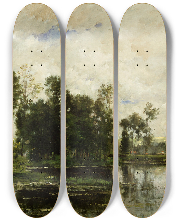 Triptych art skateboard deck of Charles Franois Daubigny The Edge Of The Pond by Charles Francois Daubigny (1817-1878)