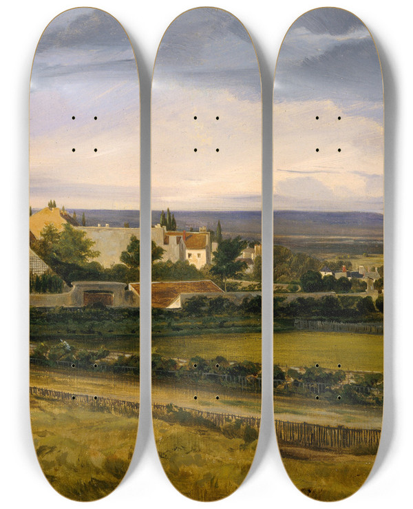 Triptych art skateboard deck of Thodore Rousseau A Village In A Valley by Theodore Rousseau (1812-1867)