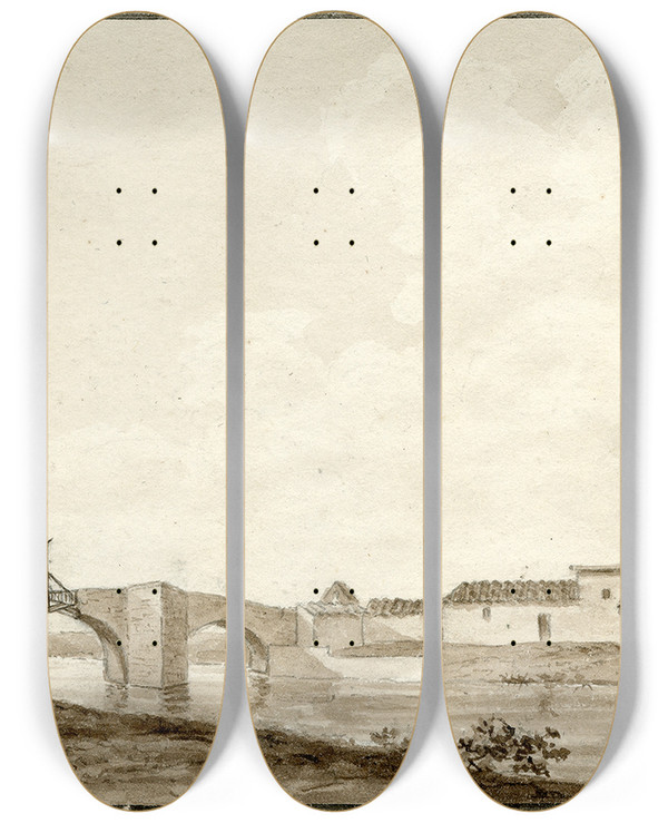 Triptych art skateboard deck of Otto Howen Brug Over Een Rivier Bij Valladolid by Otto Howen (1774-1848)