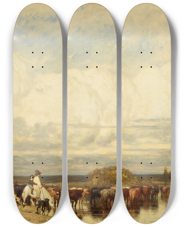 Triptych art skateboard deck of Jules Dupr Cows Crossing A Ford by Jules Dupre (1811-1889)
