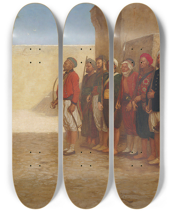 Triptych art skateboard deck of John Evan Hodgson Army Reorganisation In Morocco by John Evan Hodgson (1831-1895)