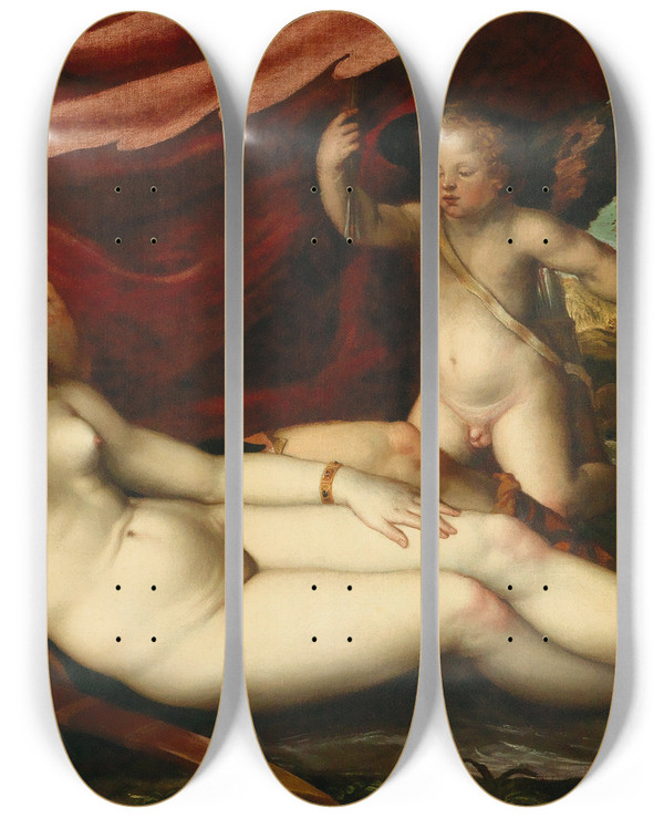 Triptych art skateboard deck of Battista Dellangolo Del Moro Mars And Venus With Cupid by Battista dellAngolo del Moro (1512-1568)