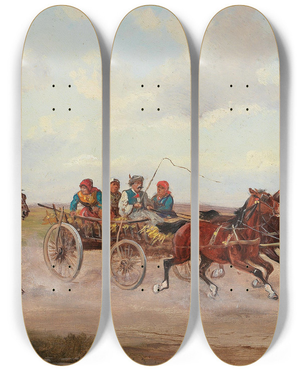Triptych art skateboard deck of Alfred Steinacker Ungarisches Marktfuhrwerk_1 by Alfred Steinacker (1838-1914)