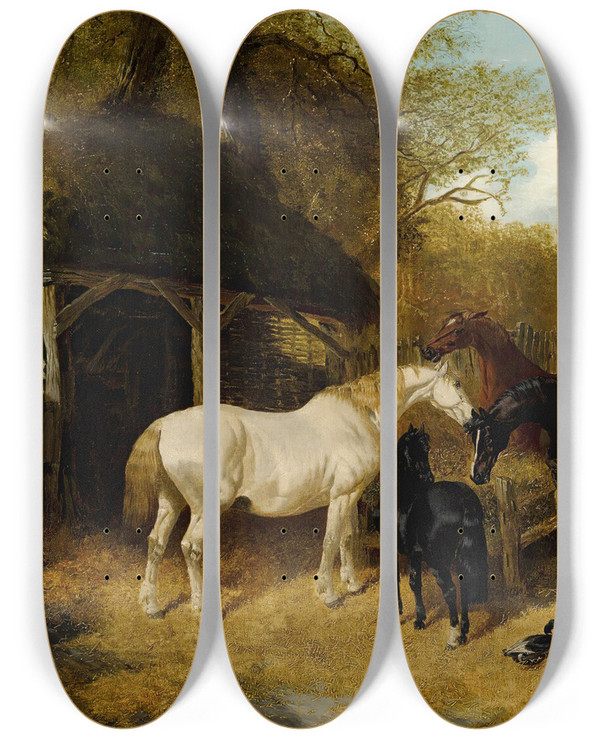 Triptych art skateboard deck of John Frederick Herring Jr Cattle Pigs Ducks Chickens And Horses In A Farmyard by John Frederick Herring Jr (1820-1907)