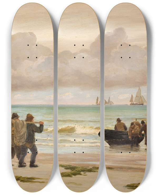 Triptych art skateboard deck of Carl Locher Setting Sail by Carl Locher (1851-1915)