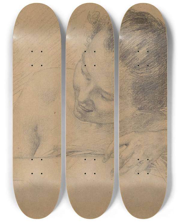 Triptych art skateboard deck of Karel Vitezslav Masek Woman In Bath Holding A Glass Of Wine by Karel Vitezslav Masek (1865-1927)