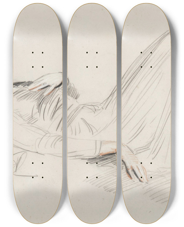 Triptych art skateboard deck of Paul Csar Helleu Jeune Femme Allonge by Paul Cesar Helleu (1859-1927)