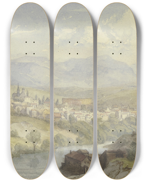 Triptych art skateboard deck of Peter Burnitz Suburbs Of Segovia by Peter Burnitz (1824-1886)