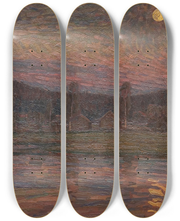 Triptych art skateboard deck of Herman Norrman Moonlit Landscape by Herman Norrman (1864-1906)