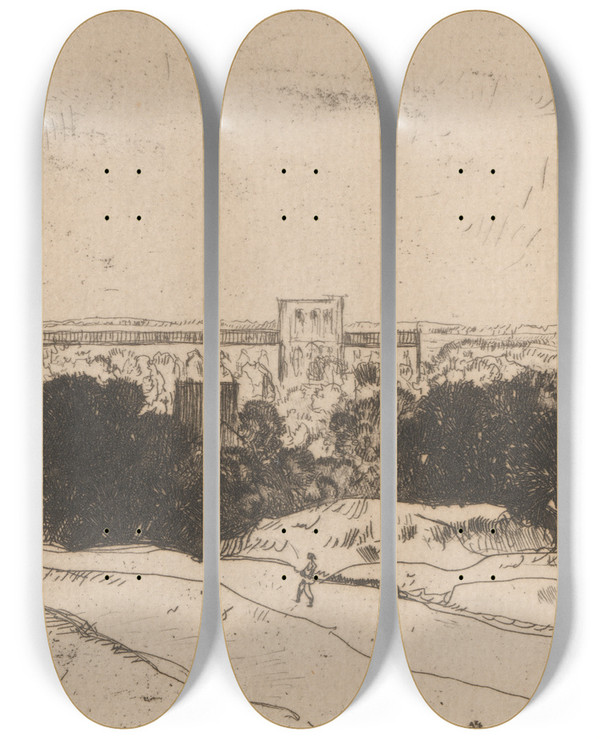 Triptych art skateboard deck of David Young Cameron Distant View Of Winchester And St Cross by David Young Cameron (1865-1945)