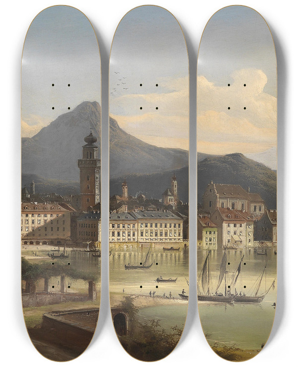 Triptych art skateboard deck of Johann Wilhelm Jankowski Riva Am Gardasee by Johann Wilhelm Jankowski (1825-1870)