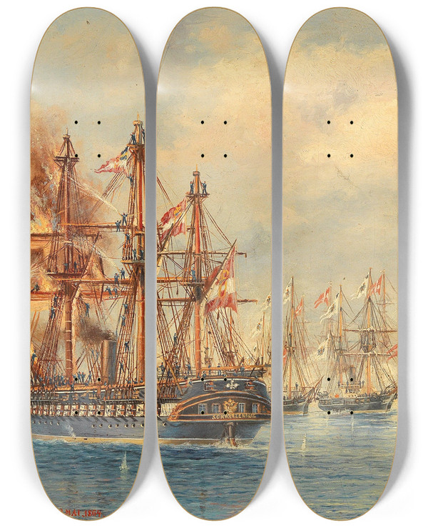 Triptych art skateboard deck of Ludwig Rubelli Von Sturmfest Battle Of Helgoland by Ludwig Rubelli Von Sturmfest (1841-1905)