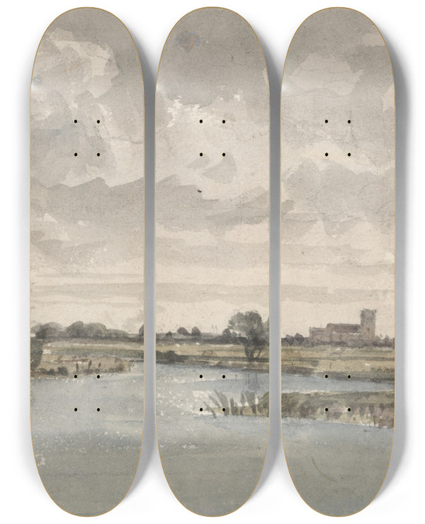 Triptych art skateboard deck of Aaron Edwin Penley River Landscape by Aaron Edwin Penley (1806-1870)