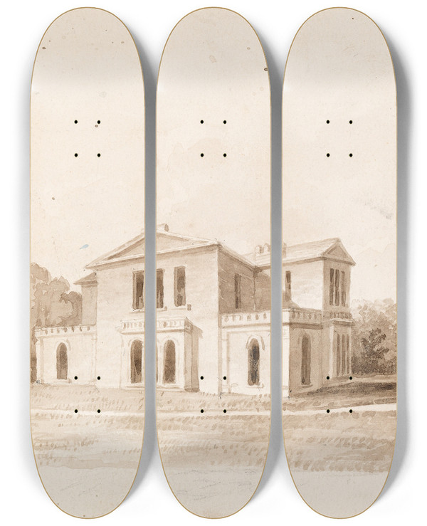 Triptych art skateboard deck of Jeremiah Hodges Mulcahy A Neoclassical House by Jeremiah Hodges Mulcahy (1804-1889)