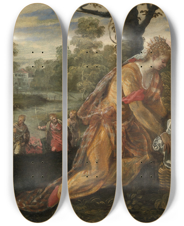 Triptych art skateboard deck of Jacopo Tintoretto The Finding Of Moses by Jacopo Tintoretto (1518-1594)