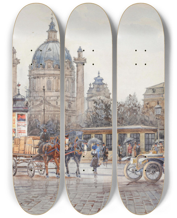 Triptych art skateboard deck of Erwin Pendl Karlsplatz In Wien by Erwin Pendl (1875-1945)