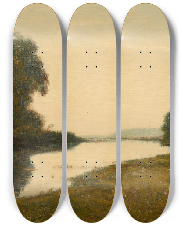 Triptych art skateboard deck of Henrijoseph Harpignies View Of A Stream by Henri Joseph Harpignies (1819-1916)