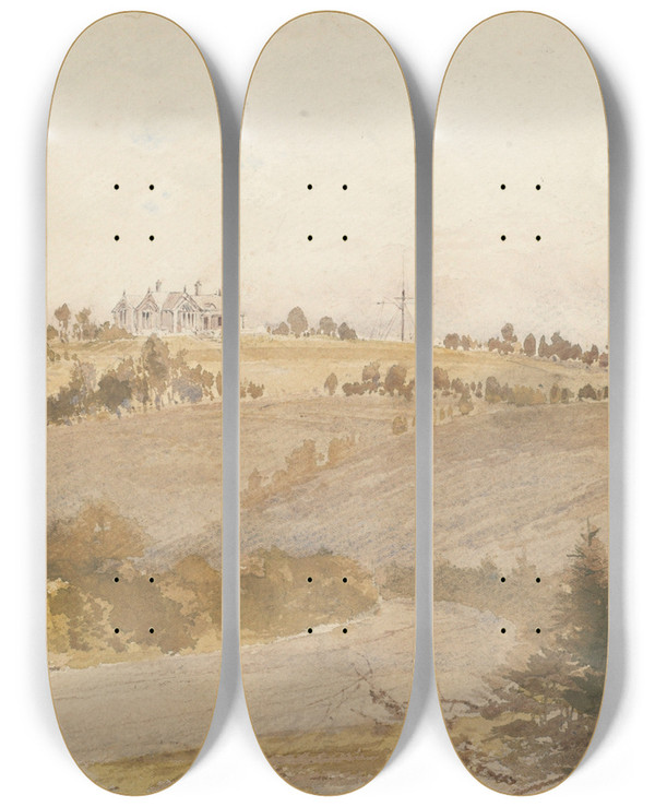 Triptych art skateboard deck of William Mathew Hodgkins Awamoa Otago by William Mathew Hodgkins (1833-1898)