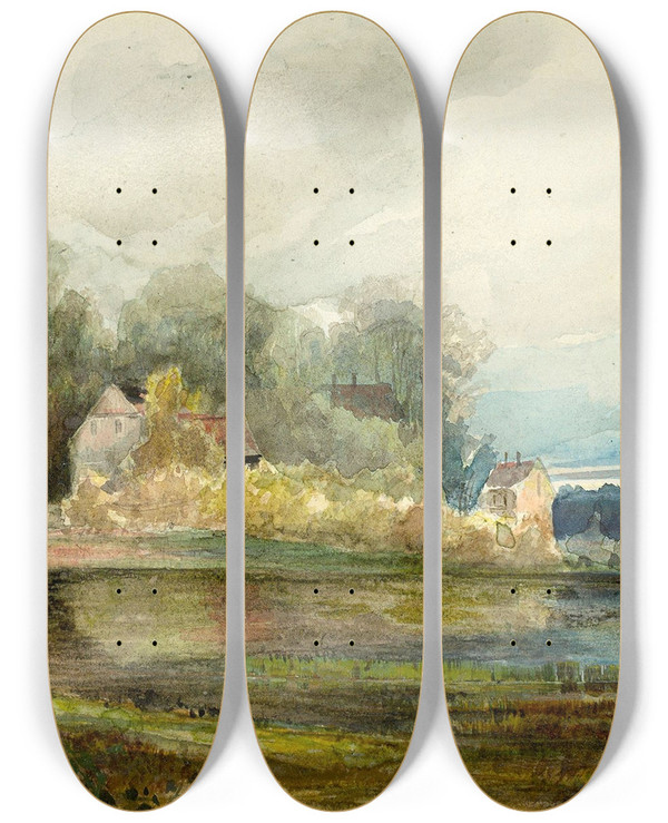Triptych art skateboard deck of Carl Blechen Teich Mit Wald Und Husern by Carl Blechen (1798-1840)