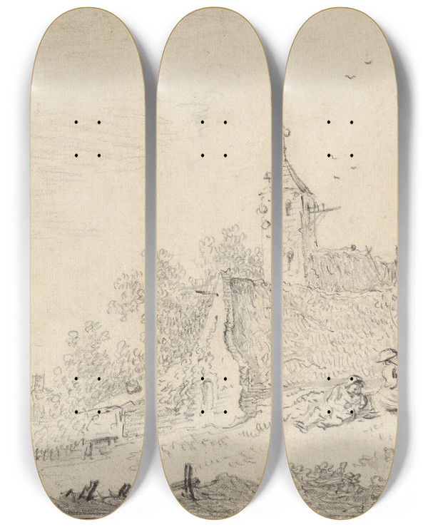 Triptych art skateboard deck of Jan Van Goyen Landscape With Farmhouses And Figures by Jan Van Goyen (1596-1656)