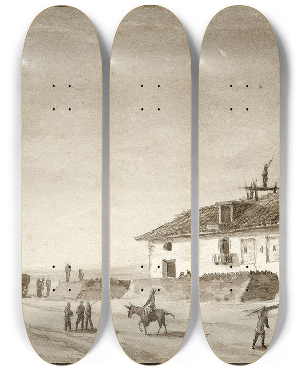 Triptych art skateboard deck of Otto Howen Versterkt Huis Bij Valladolid by Otto Howen (1774-1848)