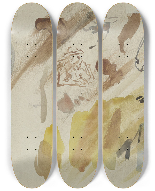 Triptych art skateboard deck of Anton Burger Studienblatt Pferde Und Mann Mit Hut by Anton Burger (1824-1905)