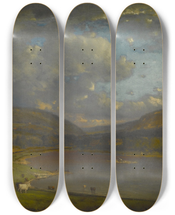 Triptych art skateboard deck of George Inness On The Delaware River by George Inness (1825-1894)