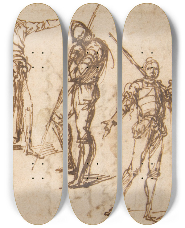 Triptych art skateboard deck of Salvator Rosa Two Standing Soldiers And Six Other Figures by Salvator Rosa (1615-1673)