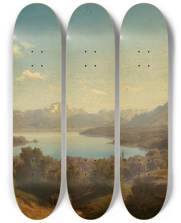 Triptych art skateboard deck of Maximilian Haushofer A View Of Lake Waginger See by Maximilian Haushofer (1811-1866)