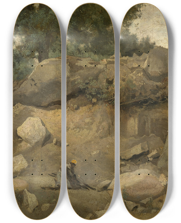 Triptych art skateboard deck of Jeanbaptistecamille Corot The Quarry Of Chaisemarie At Fontainebleau by Jean-Baptiste-Camille Corot (1796-1875)