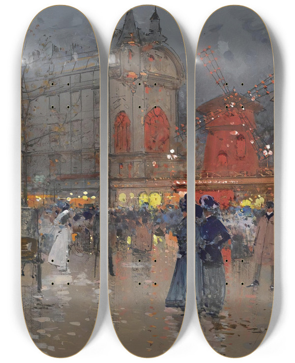Triptych art skateboard deck of Eugne Galienlaloue Le Moulin Rouge Paris by Eugene Galien Laloue (1854-1941)
