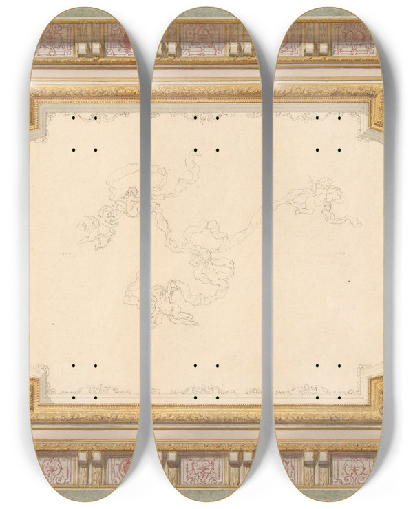 Triptych art skateboard deck of Julesedmondcharles Lachaise Design For A Ceiling With Ribbon Bearing Putti by Jules-Edmond-Charles Lachaise (1897)