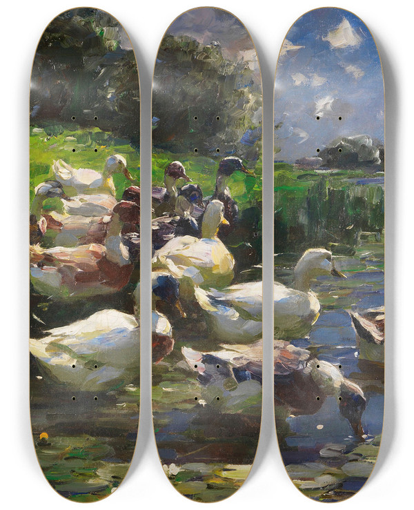 Triptych art skateboard deck of Alexander Koester Enten Seelandschaft by Alexander Koester (1864-1932)