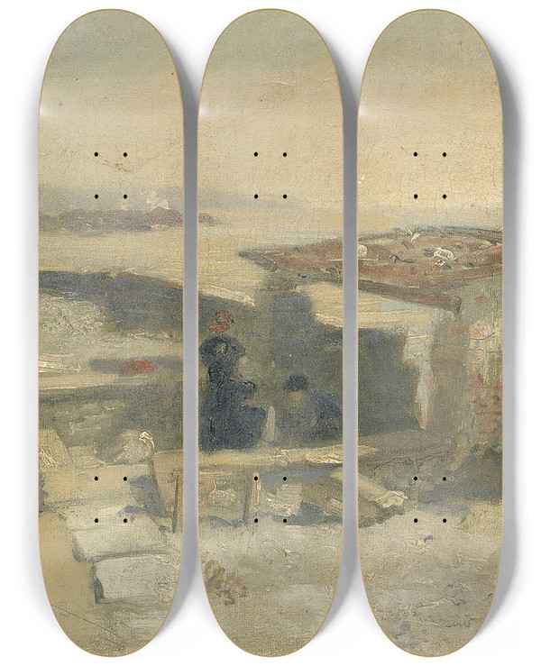 Triptych art skateboard deck of Herman Hartwich Sketch For Lombardy Bleachery by Herman Hartwich (1853-1926)