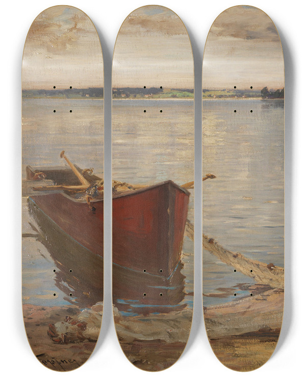 Triptych art skateboard deck of Joseph Wopfner Netzflickende Fischer Am Chiemseeufer by Joseph Wopfner (1843-1927)