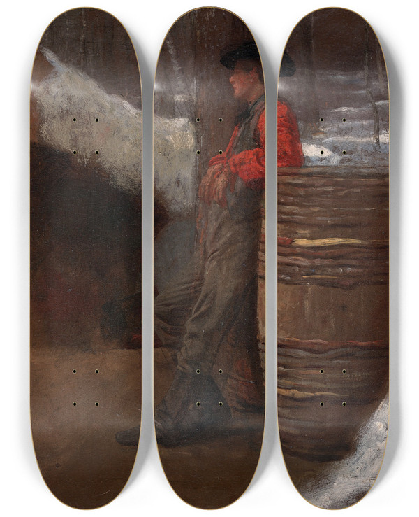 Triptych art skateboard deck of Eastman Johnson The Sugar Camp by Eastman Johnson (1824-1906)