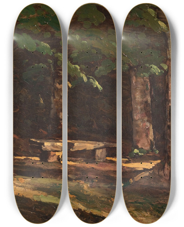 Triptych art skateboard deck of Henrijoseph Harpignies Le Banc by Henri Joseph Harpignies (1819-1916)